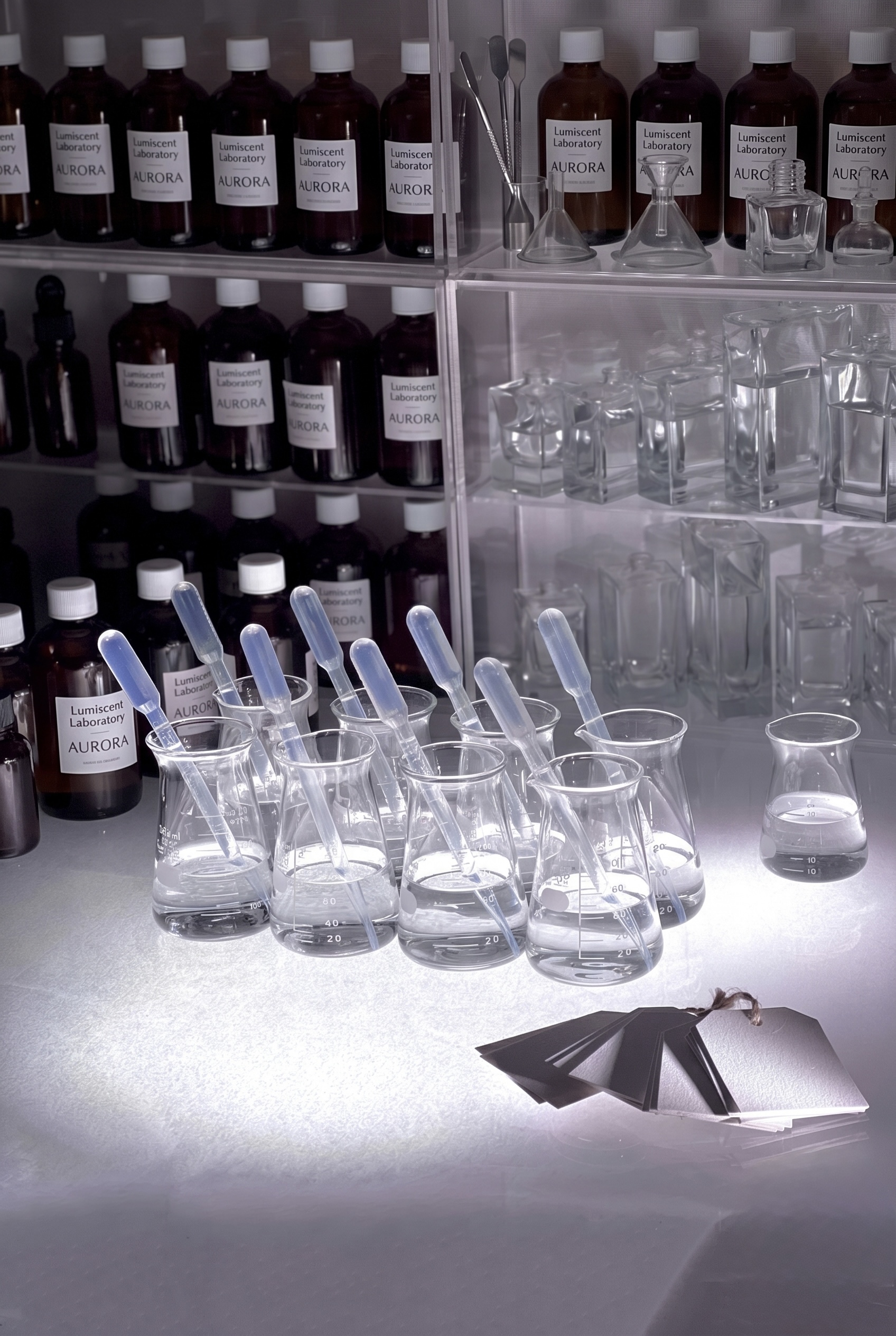 実験器具と褐色ボトルが並ぶGCページのヒーロー写真